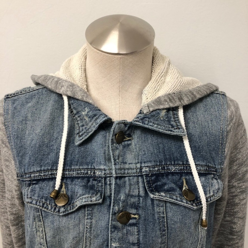 Free People Denim Jacket Womens Small Blue Grey Hooded Mixed Media Distressed - Picture 2 of 11